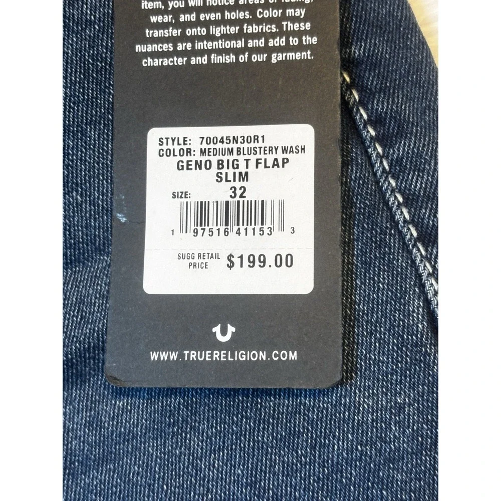 NWT‎ True Religion Geno Relaxed Slim Fit  Denim Jeans 32x29 Men's Blue